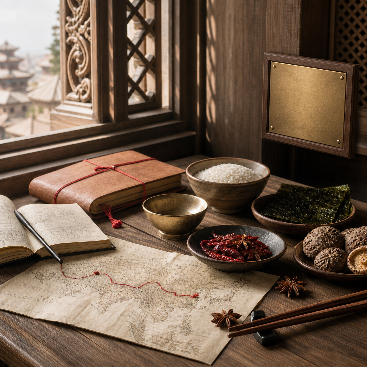 A travel map, rice, nori, chillies and mushrooms beside a carved Kathmandu window and a brass provenance plaque