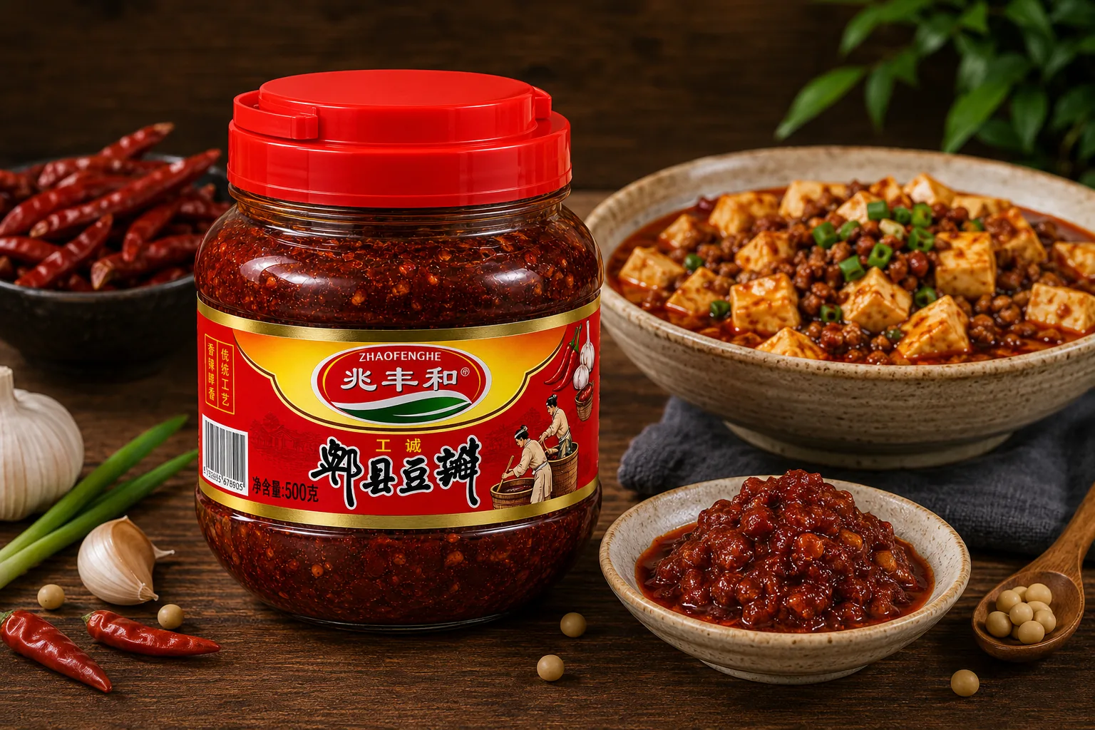 Zhaofenghe Bean Paste with Red Chilli beside mapo tofu and a dish of the paste
