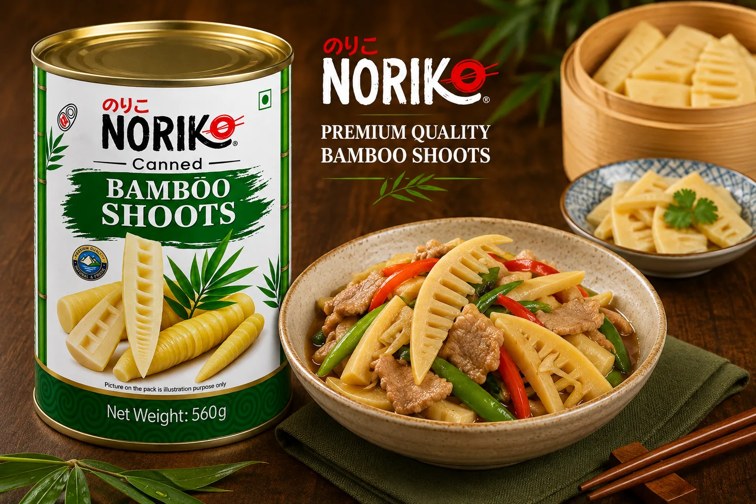NORIKO Canned Bamboo Shoots beside a bamboo shoot and pork stir-fry