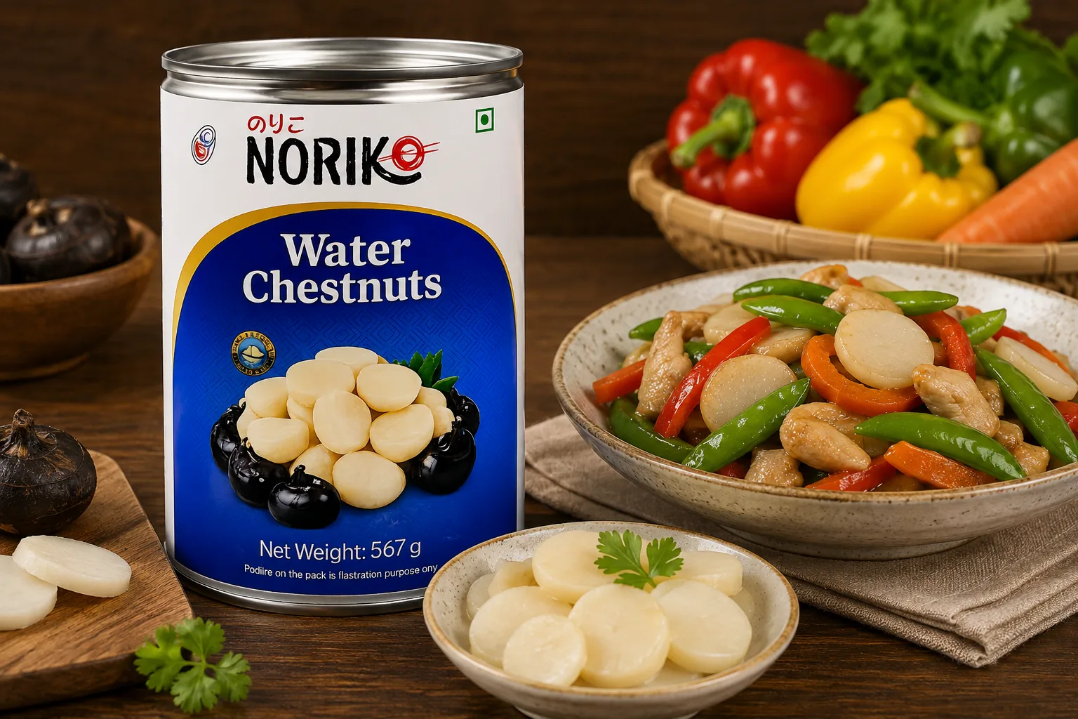 NORIKO Canned Water Chestnuts beside a chicken and water chestnut stir-fry