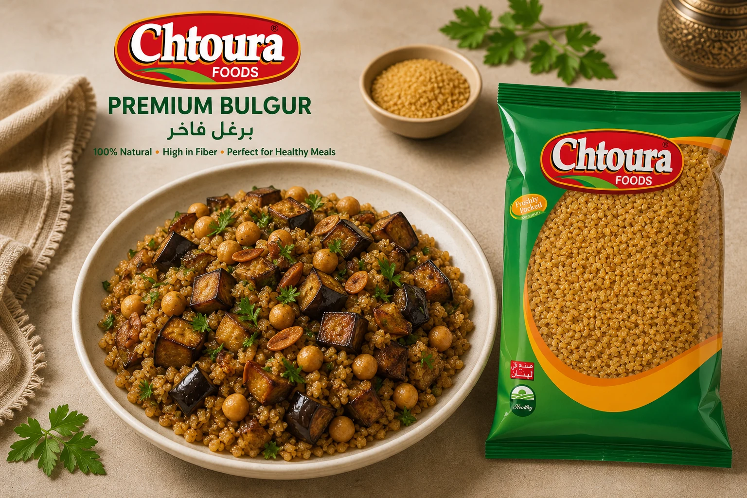 Coarse brown bulgur pilaf with aubergine, chickpeas, almonds and parsley