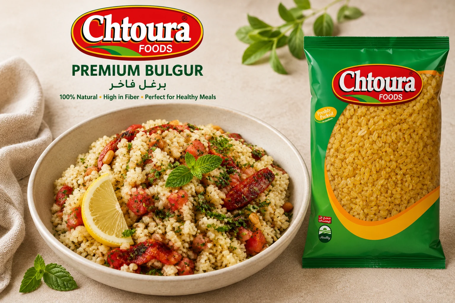 Coarse white bulgur pilaf with tomato, herbs, roasted pepper, lemon and pine nuts