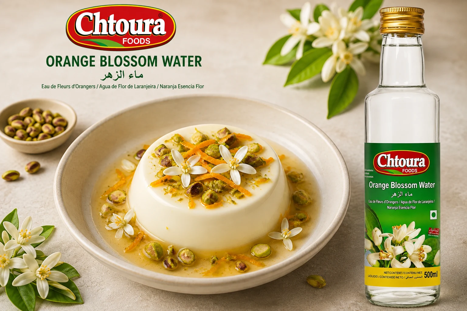 Orange blossom panna cotta topped with pistachios and orange zest