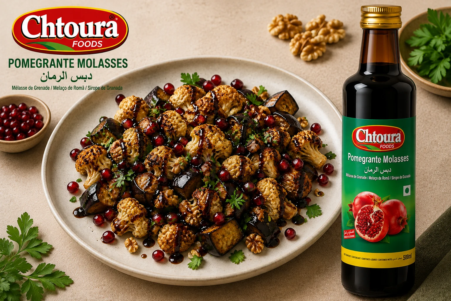 Roasted cauliflower and aubergine finished with pomegranate molasses, walnuts and pomegranate arils