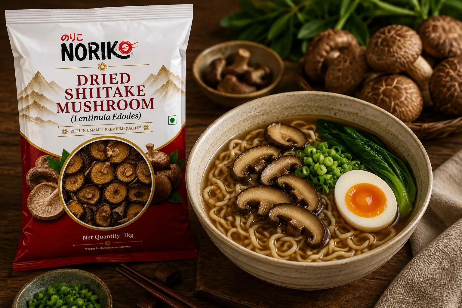 NORIKO Dried Shiitake Mushroom beside a bowl of mushroom noodle soup