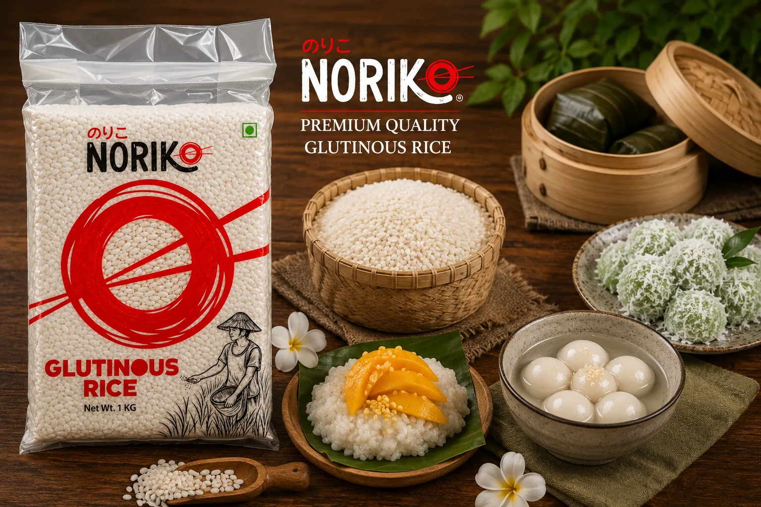 NORIKO Glutinous Rice beside mango sticky rice, coconut-coated dumplings and rice balls in syrup