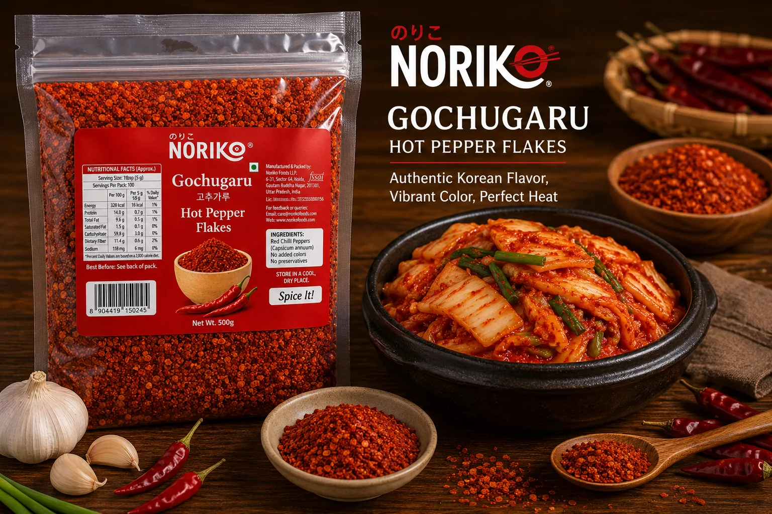 NORIKO Gochugaru beside a bowl of freshly made kimchi with garlic and chillies