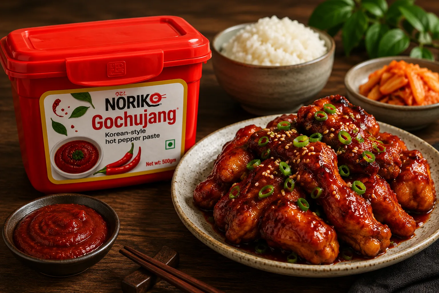 NORIKO Gochujang beside Korean fried chicken with steamed rice and kimchi