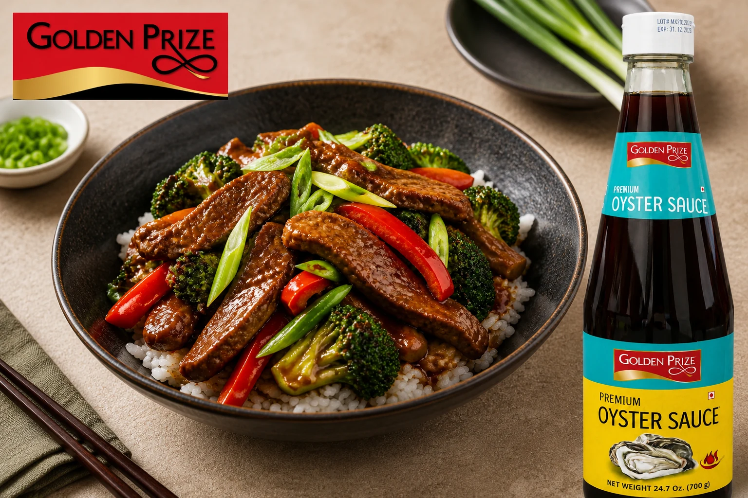 Oyster sauce beef stir-fry with broccoli, peppers and steamed rice