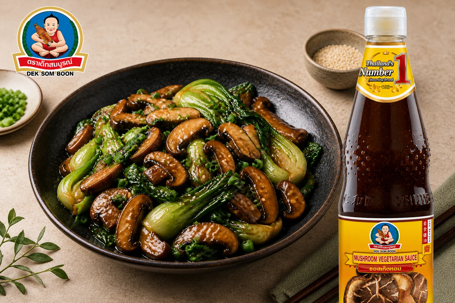 Mushroom and bok choy stir-fry finished with scallions and sesame