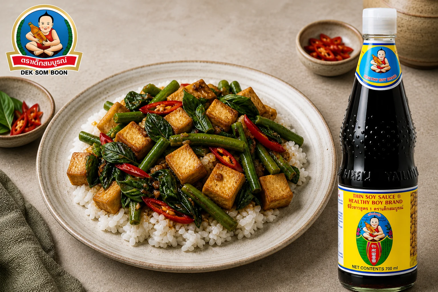 Thai basil tofu stir-fry with green beans and jasmine rice