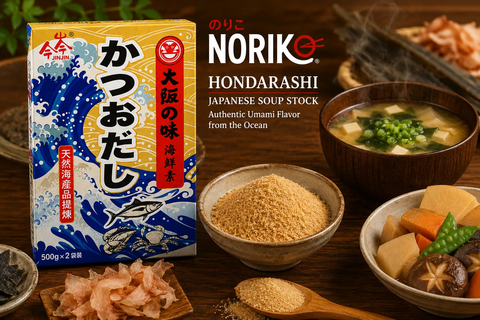 JINJIN Hondashi beside miso soup with tofu and wakame, and a bowl of simmered vegetables