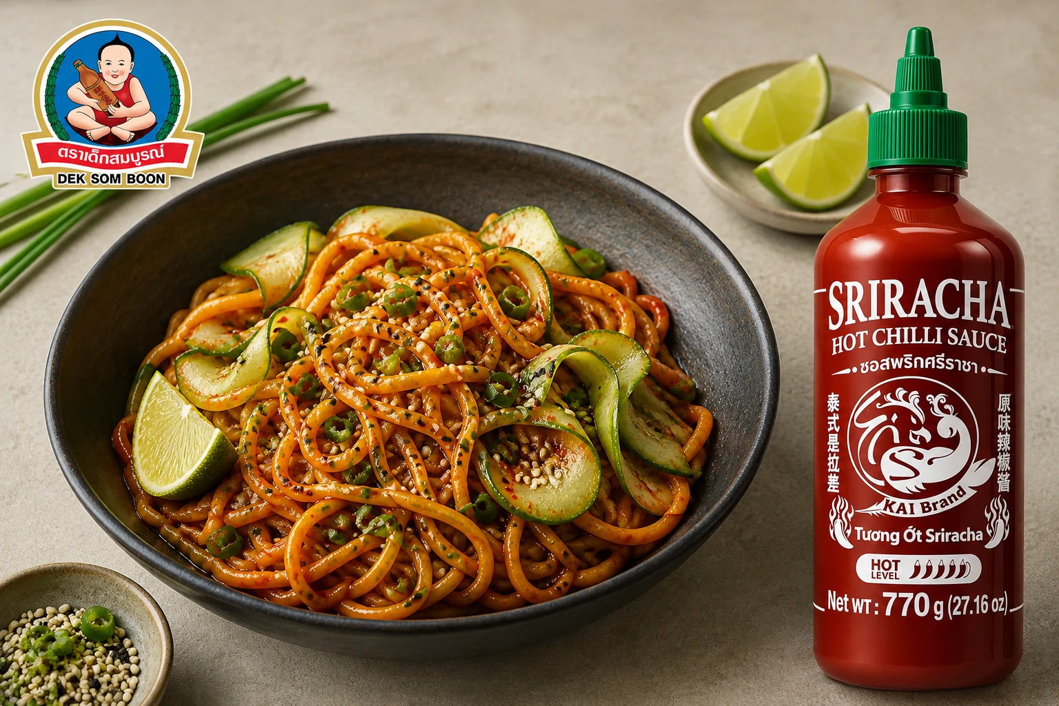 Spicy sriracha sesame noodles with cucumber, scallions and lime