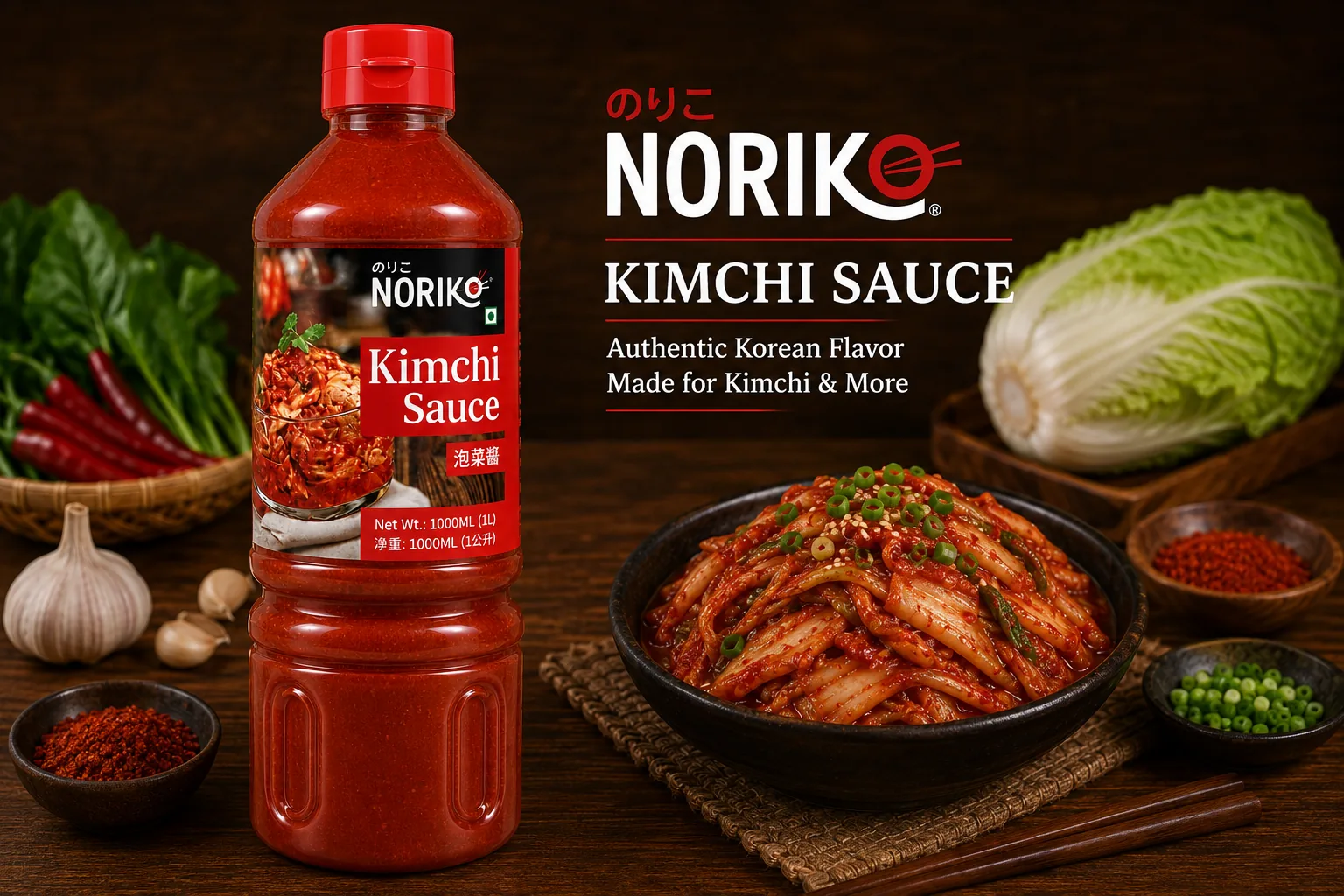NORIKO Kimchi Sauce beside a bowl of finished kimchi with spring onion and sesame
