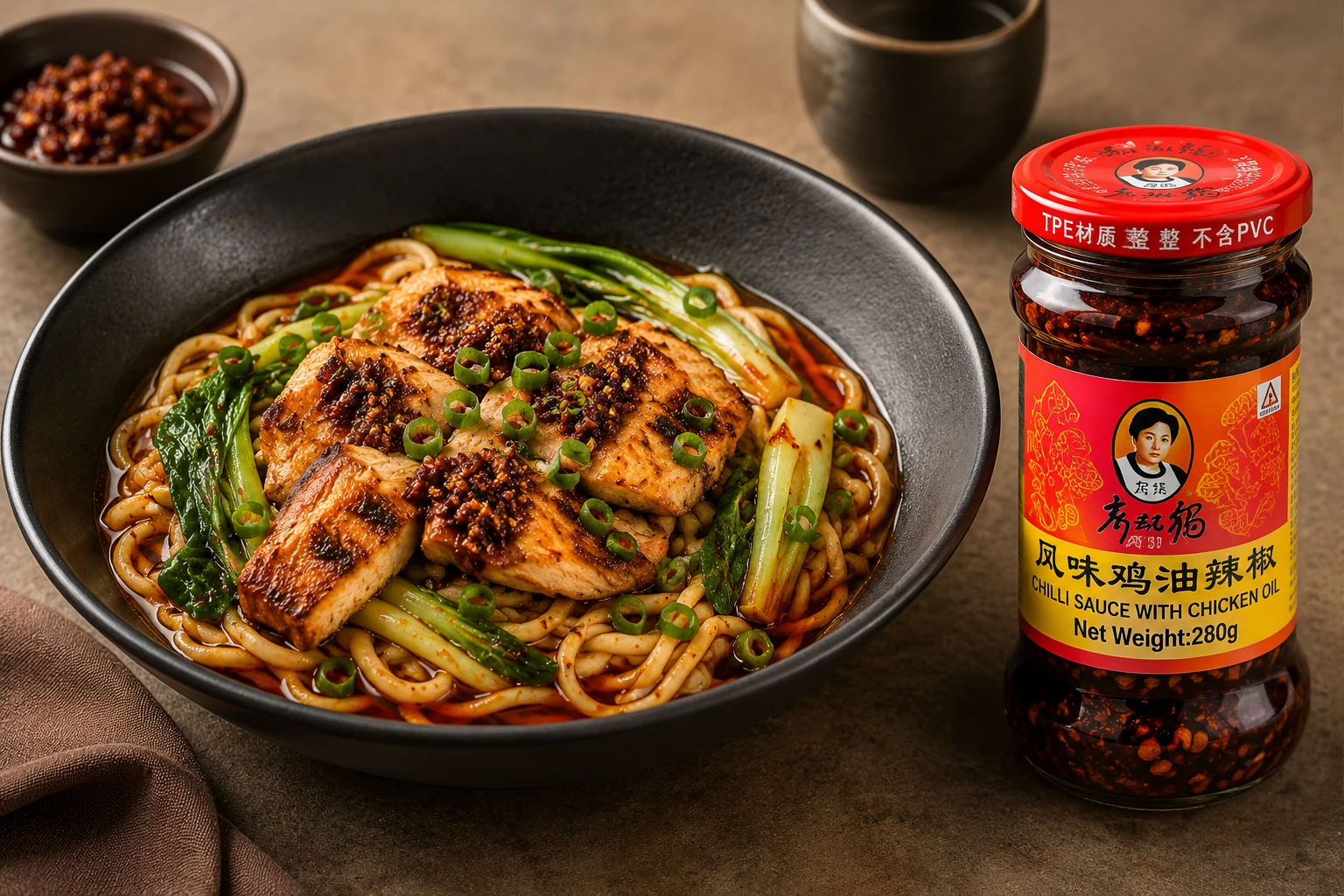 Chilli-oil chicken noodles with bok choy and scallions
