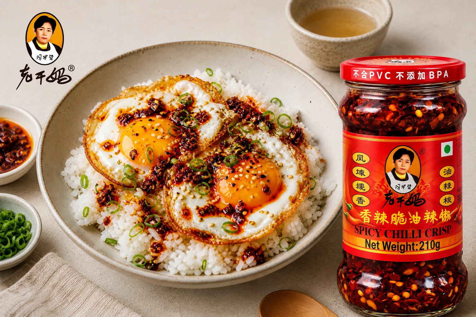 Crisp fried eggs over rice finished with spicy chilli crisp, scallions and sesame