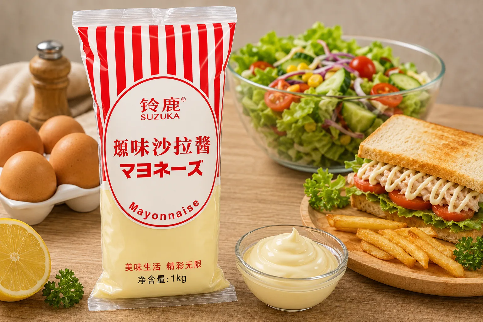 SUZUKA Mayonnaise beside a salad bowl, a sandwich and a dish of mayonnaise