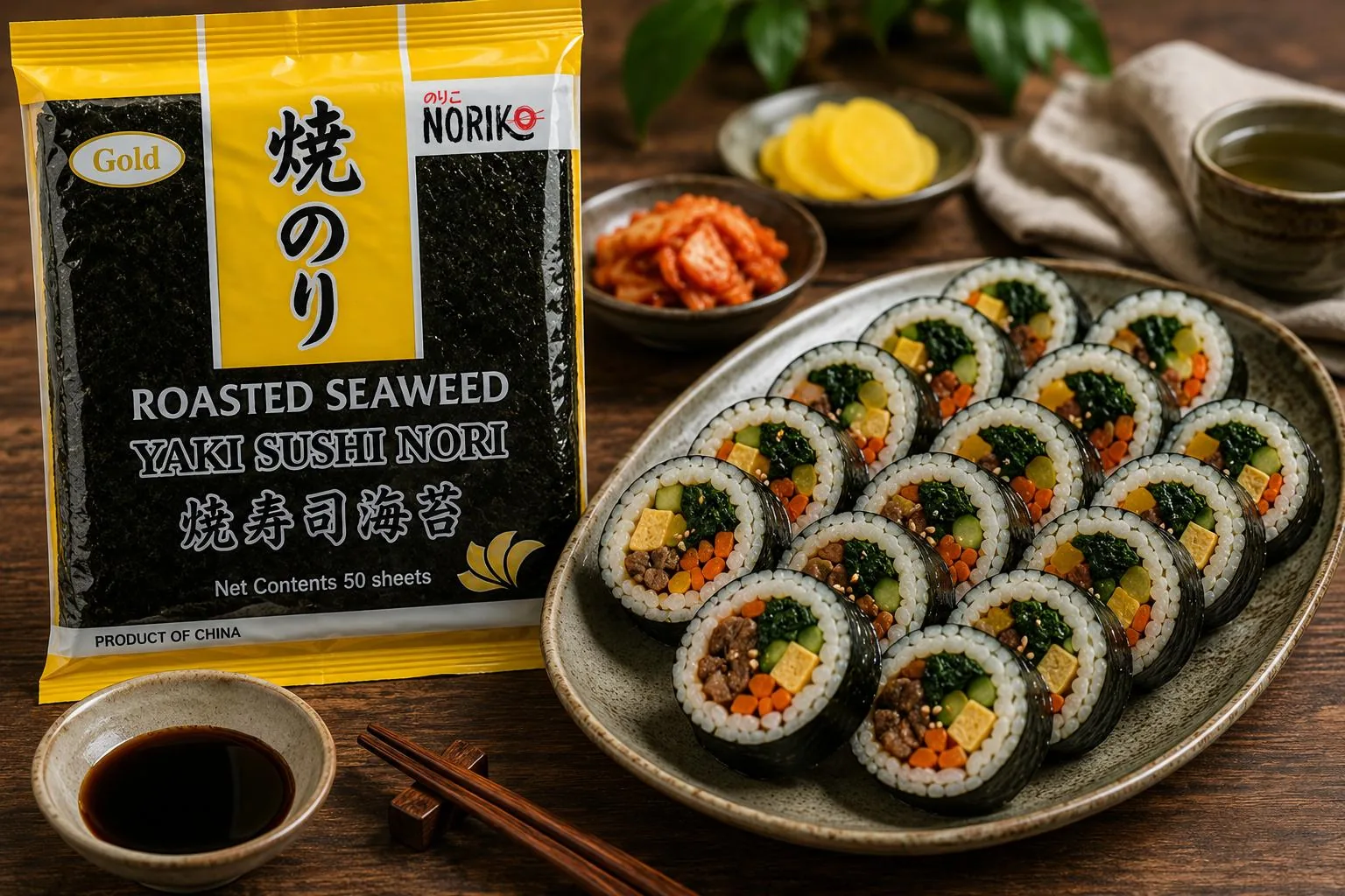 Gold roasted nori beside a platter of sliced gimbap