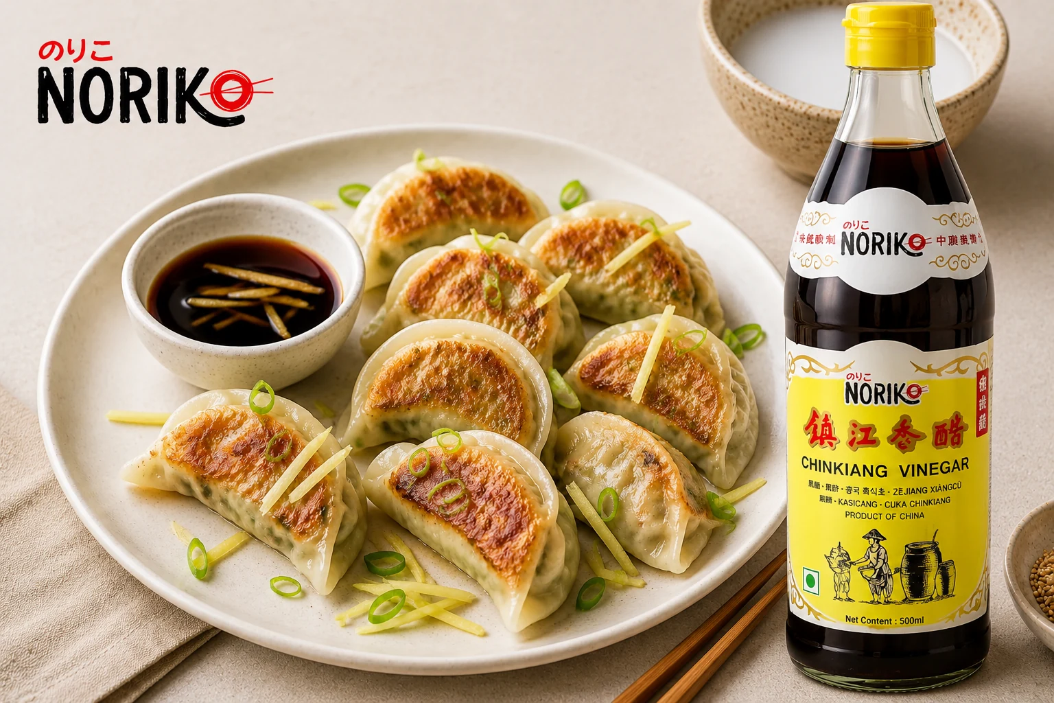 Pan-fried vegetable dumplings with Chinkiang vinegar dipping sauce
