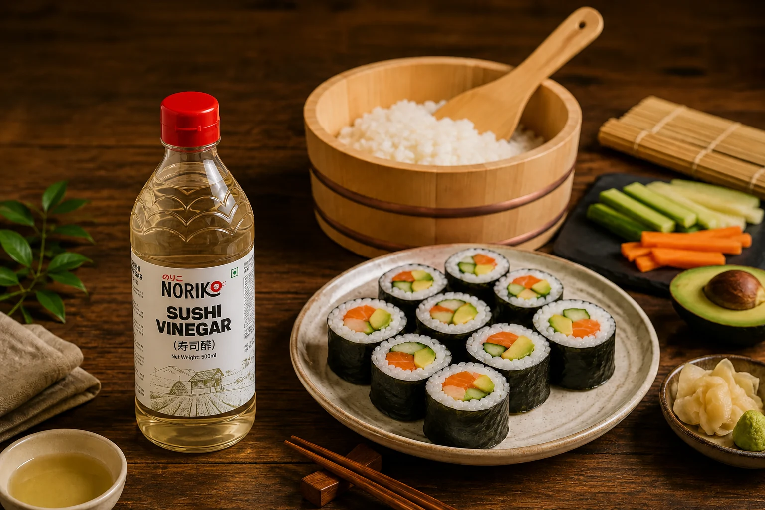 Seasoned sushi rice with maki rolls and sesame