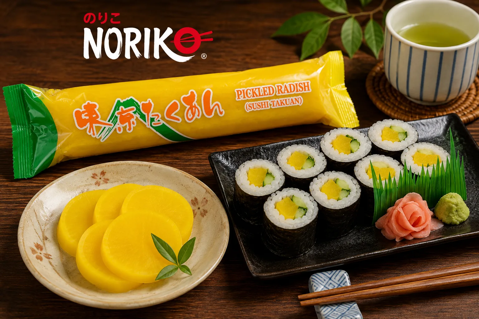 Pickled Radish (Sushi Takuan) beside sliced takuan and takuan maki rolls