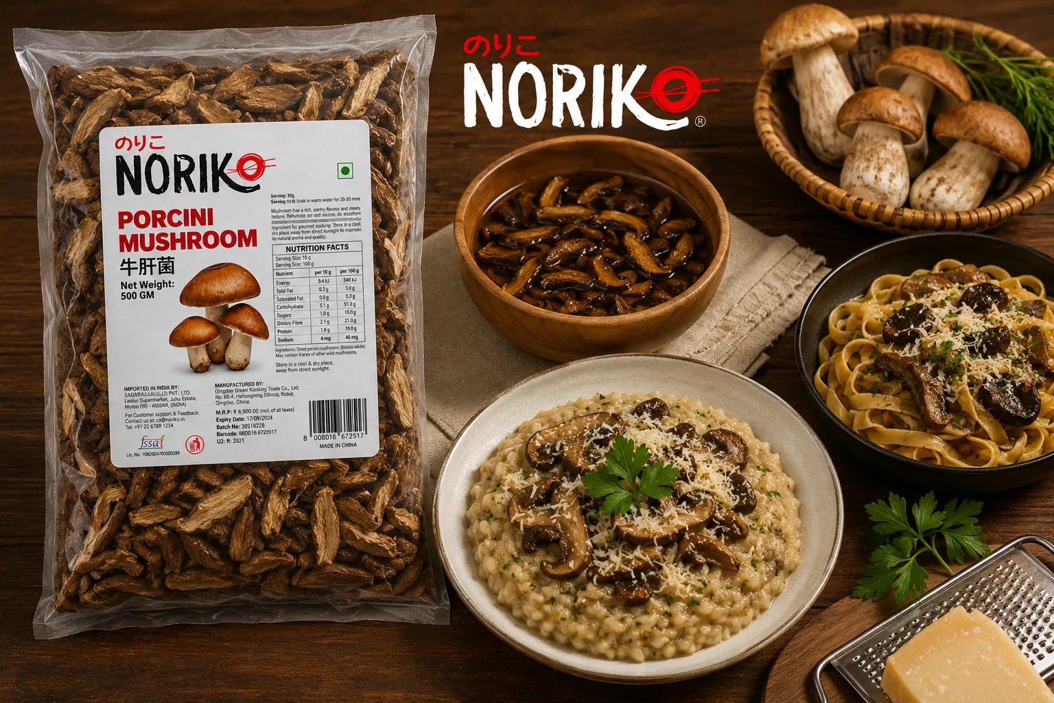 NORIKO Porcini Mushroom beside mushroom risotto, tagliatelle and a bowl of cooked porcini