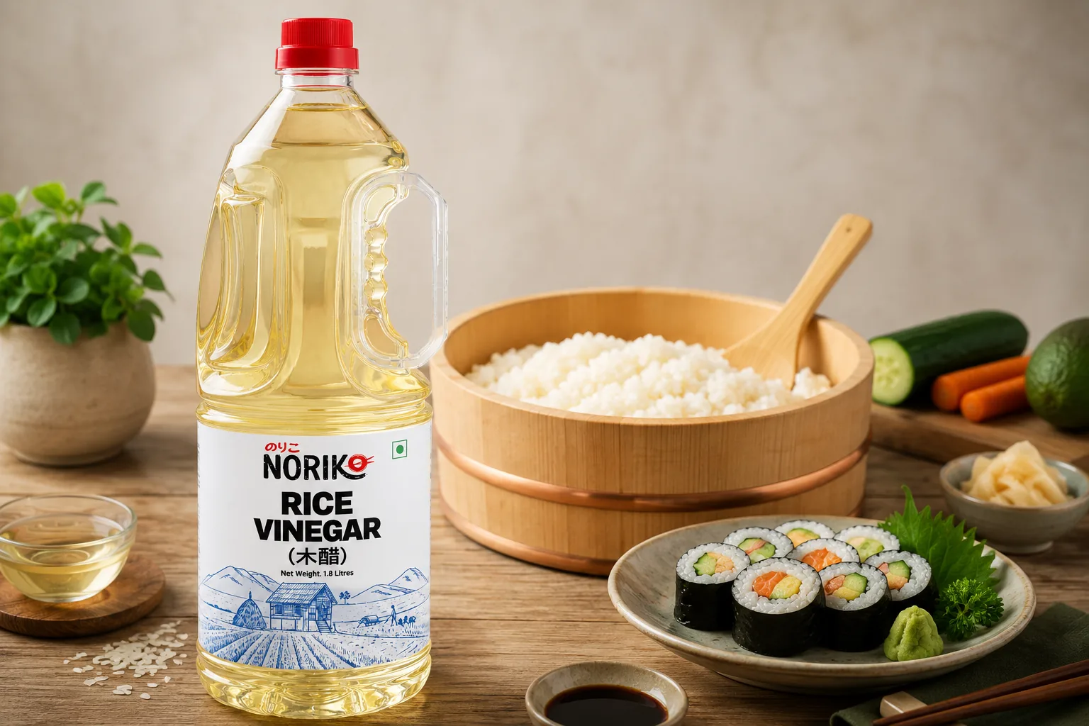 NORIKO Rice Vinegar 1.8 L beside seasoned sushi rice and maki rolls