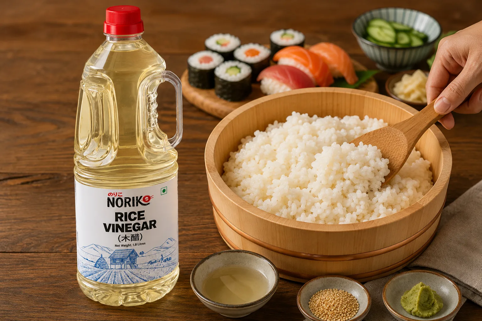 NORIKO Rice Vinegar beside a tub of seasoned sushi rice, sushi and sesame