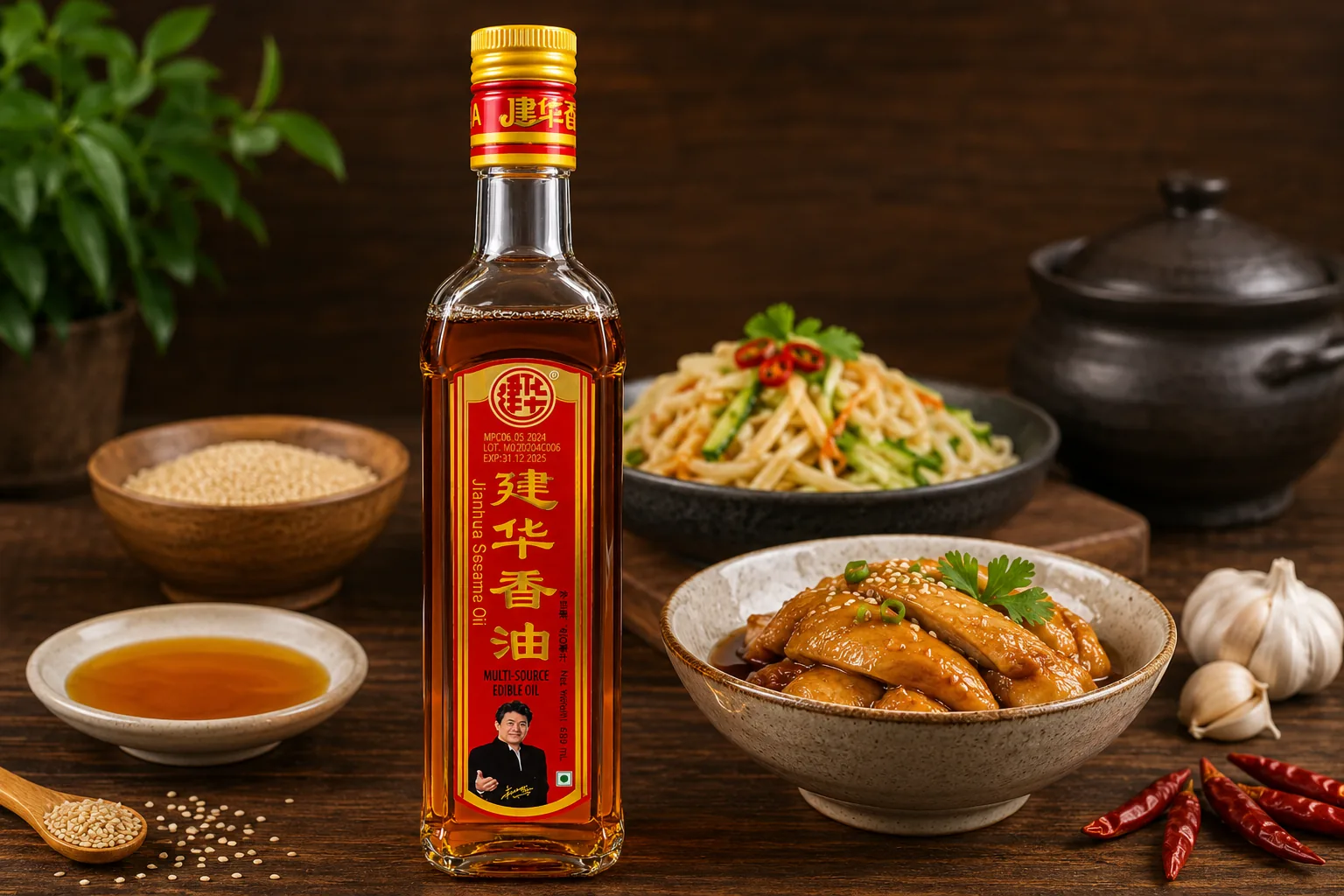 Jianhua Sesame Oil beside a cold noodle salad and a braised dish, with sesame seeds