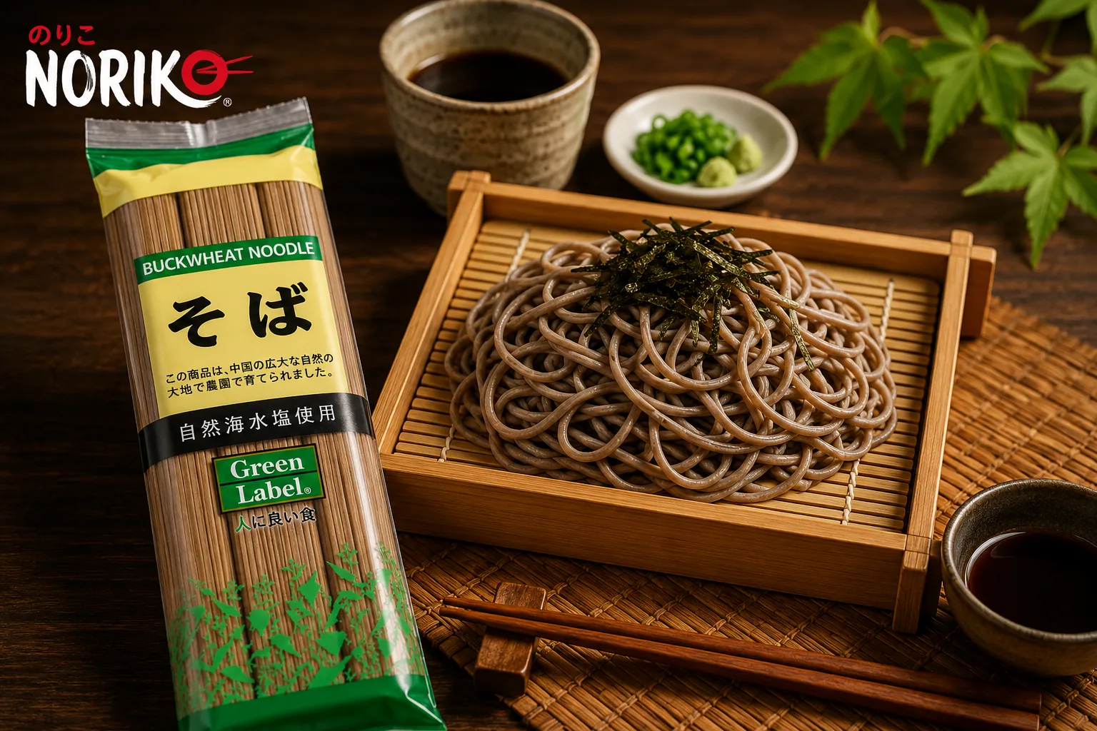 Green Label Soba Noodles beside chilled soba on a bamboo tray with dipping sauce