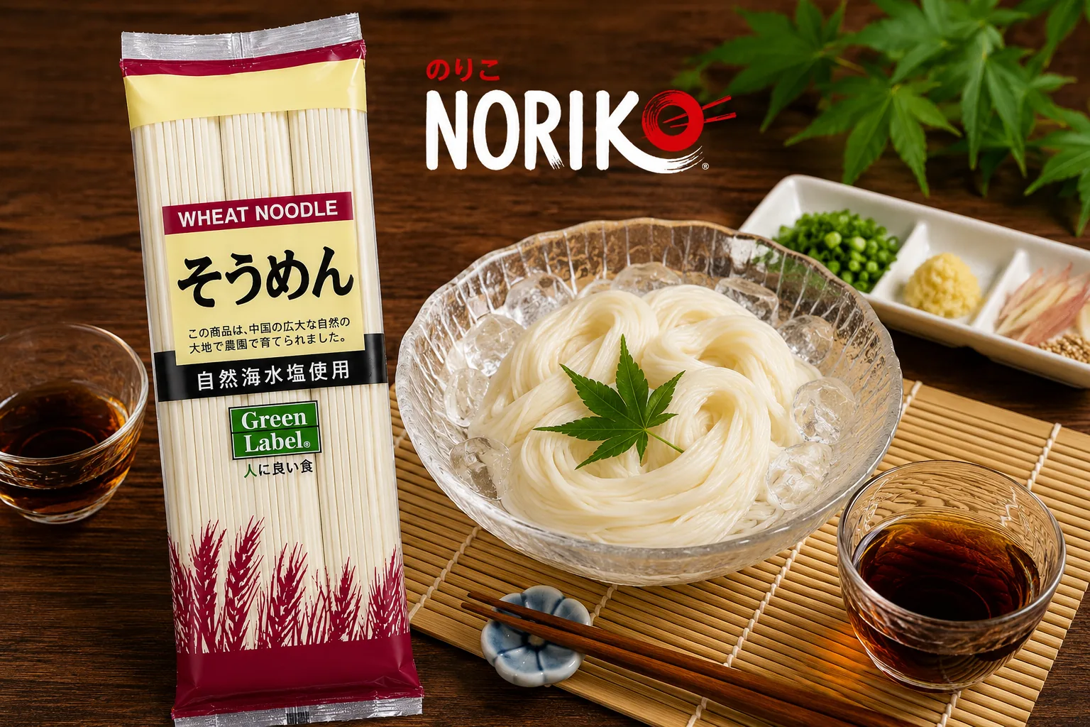 Green Label Somen Noodles beside chilled somen served in a glass bowl