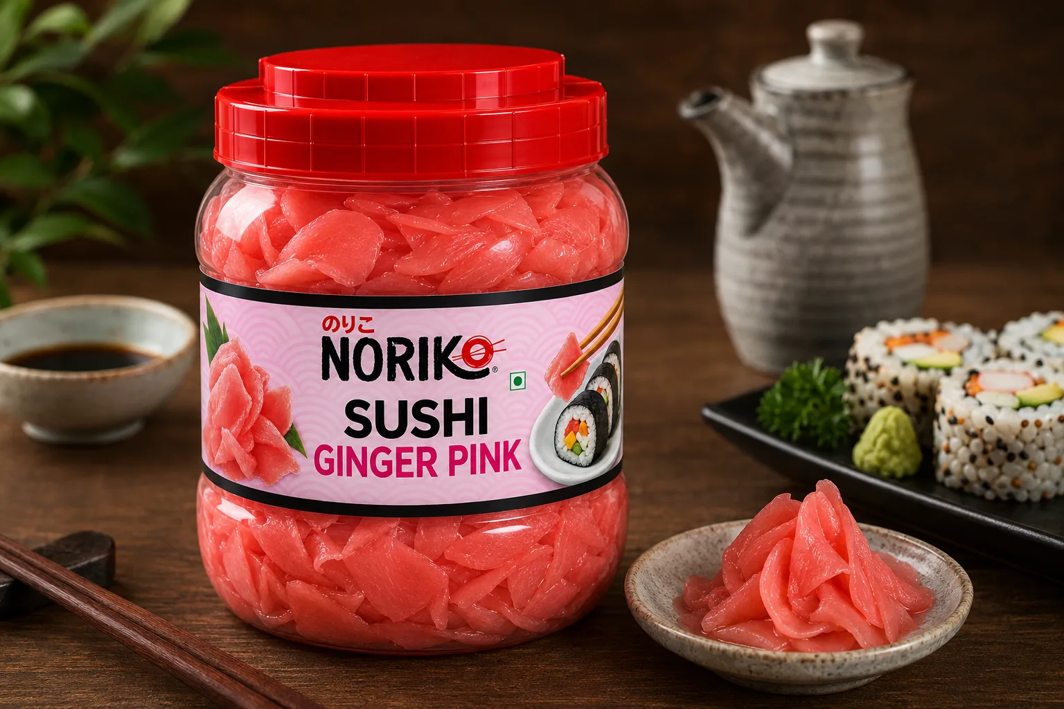 NORIKO Sushi Ginger Pink beside sushi rolls and a dish of pink pickled ginger