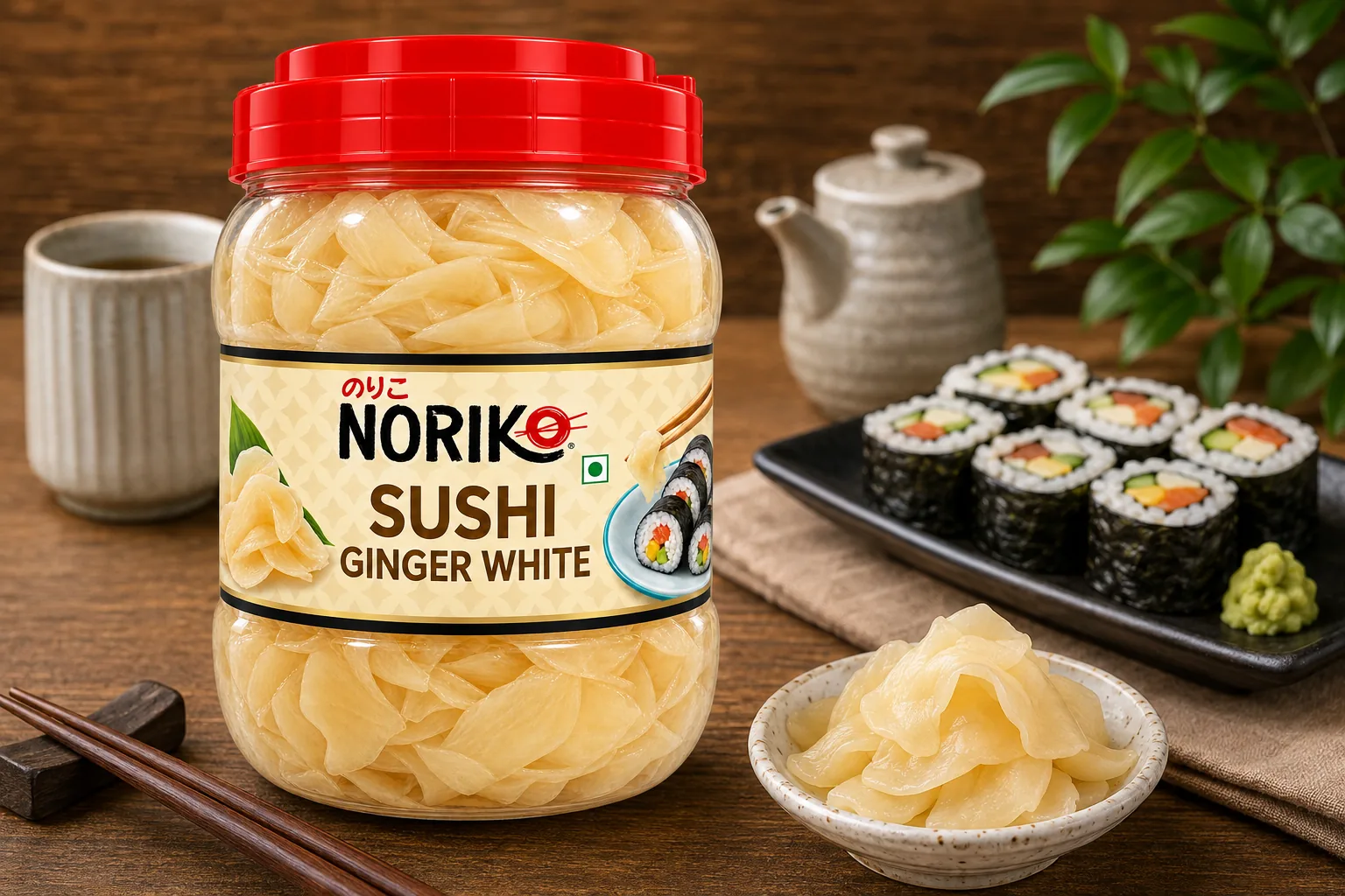 NORIKO Sushi Ginger White beside maki rolls and a dish of white pickled ginger