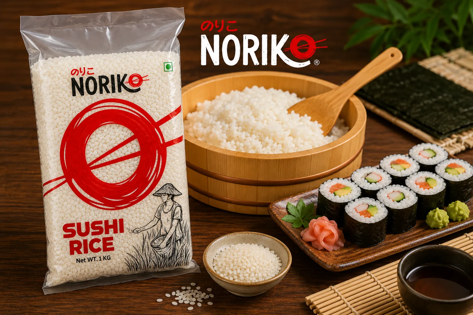NORIKO Sushi Rice beside a wooden tub of cooked rice and a plate of maki rolls