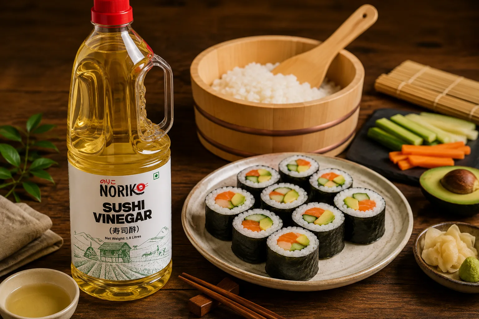 NORIKO Sushi Vinegar beside a plate of maki rolls and a tub of sushi rice