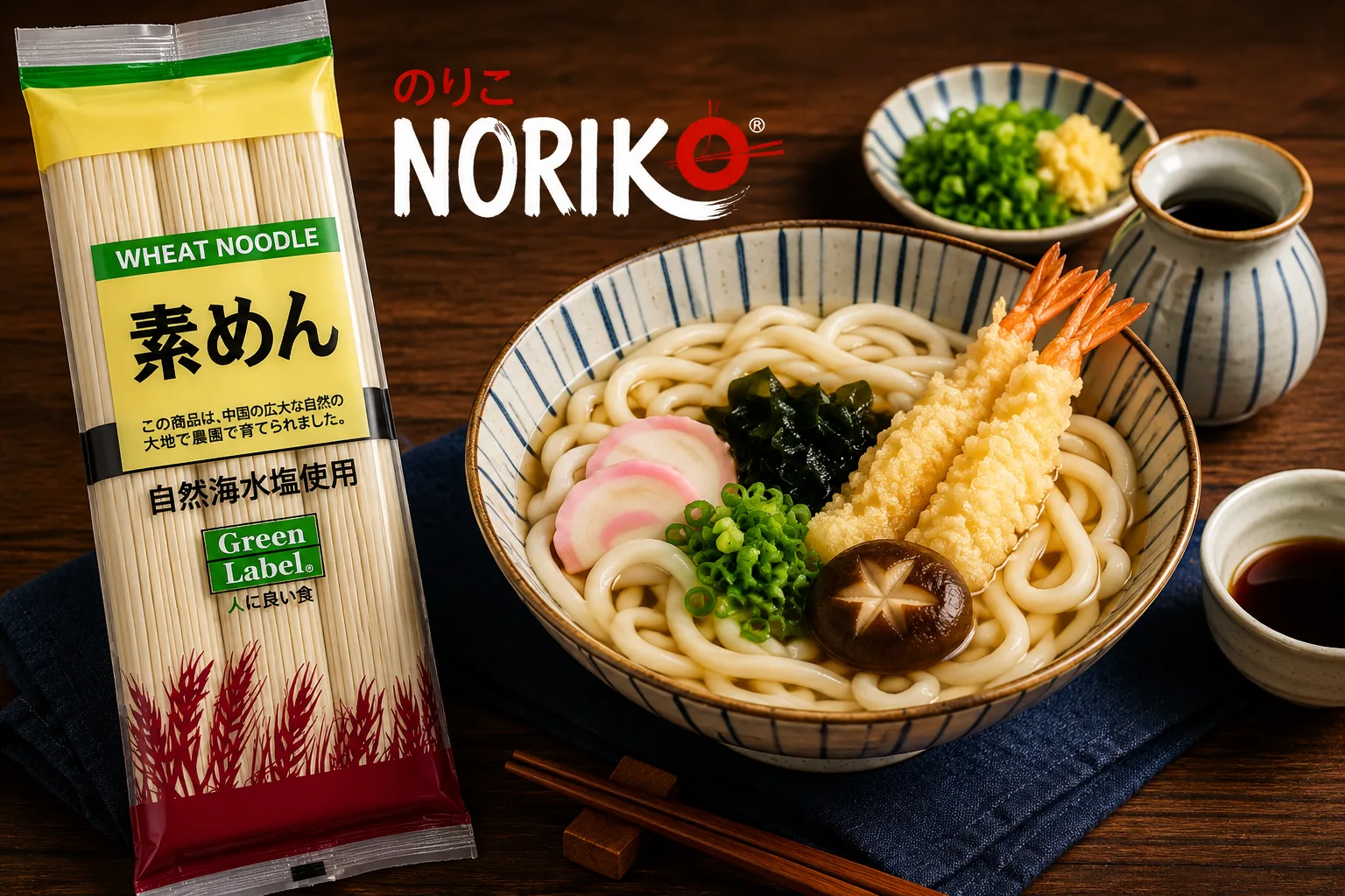 Green Label Udon Noodles beside a bowl of udon with tempura prawns