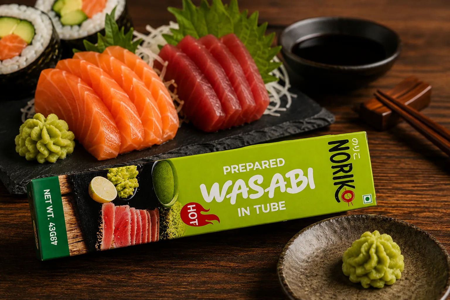 NORIKO Prepared Wasabi in Tube beside salmon and tuna sashimi with wasabi