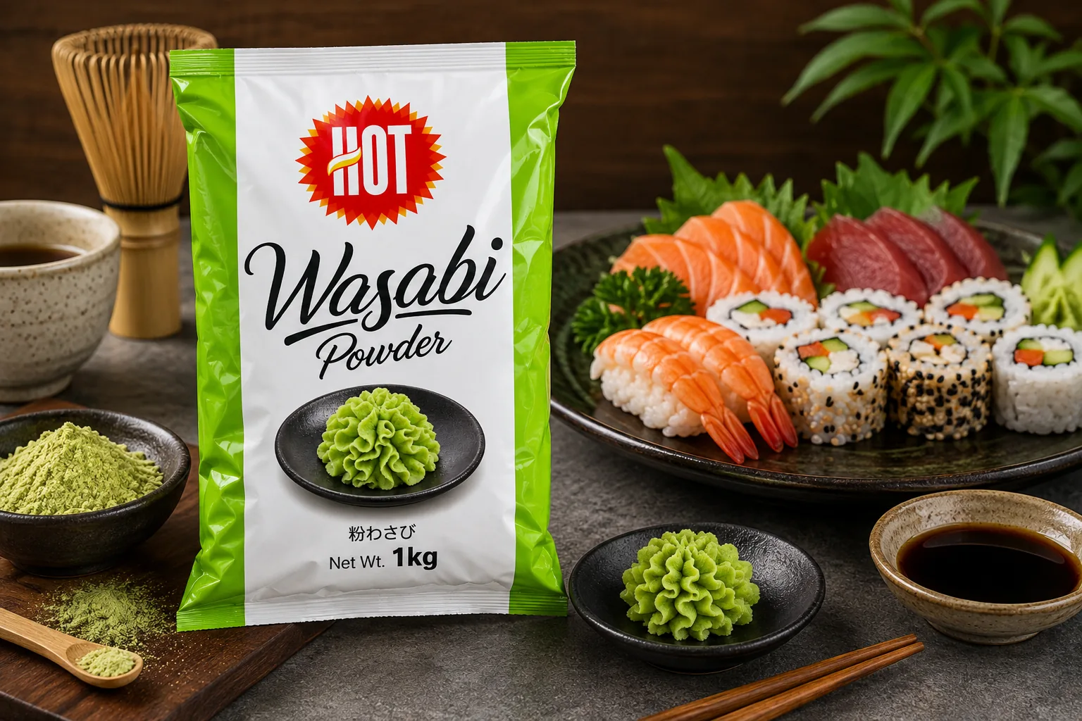 HOT Wasabi Powder beside sushi and sashimi with mixed wasabi paste