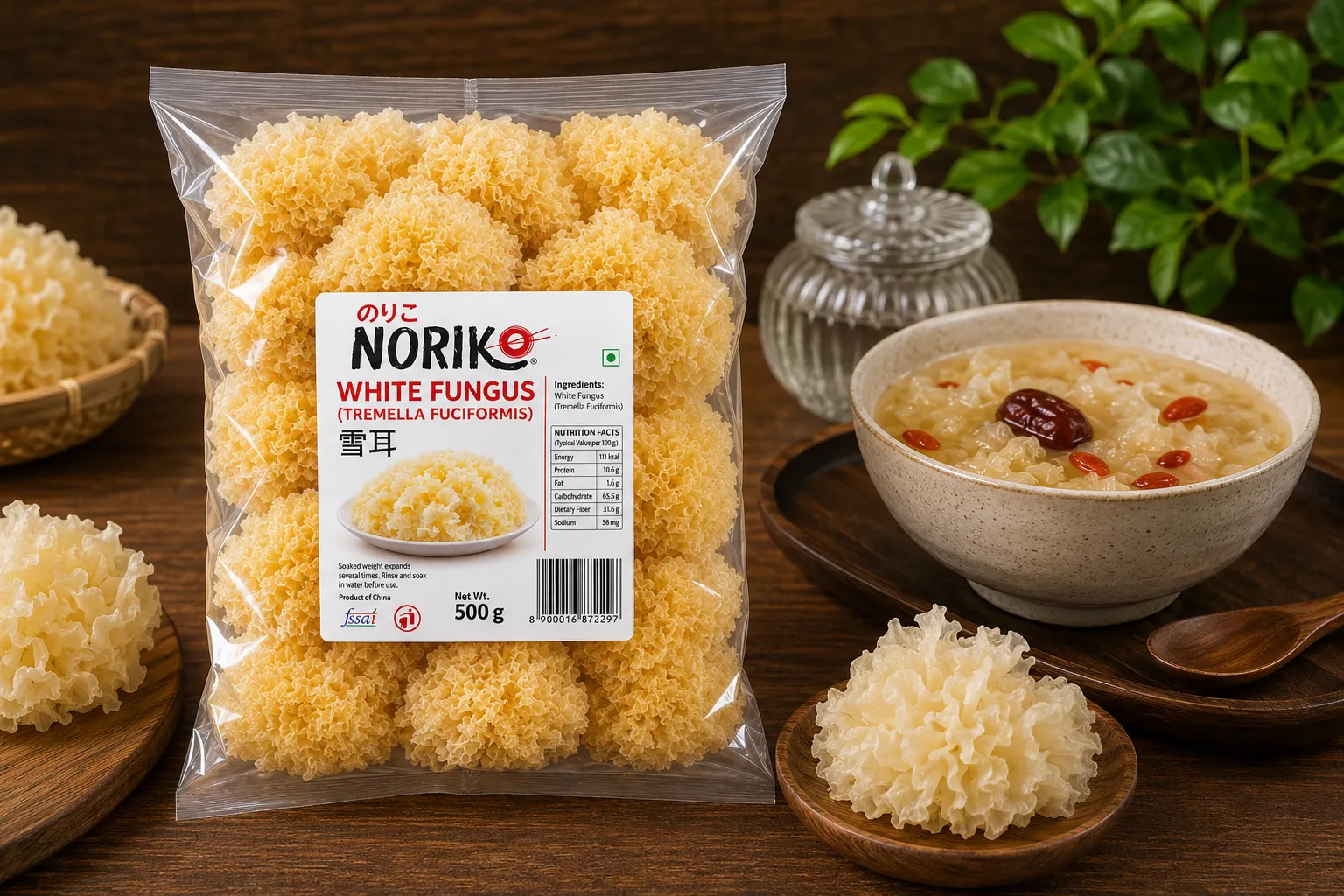 NORIKO White Fungus beside a bowl of white fungus dessert soup with red dates and goji