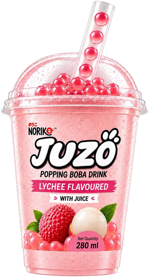 JUZO Lychee Flavoured popping boba drink, 280 ml cup