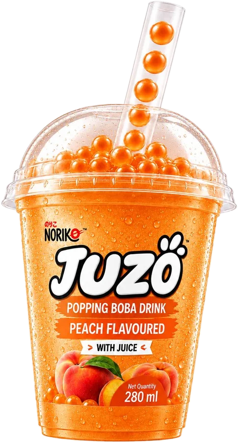 JUZO Peach Flavoured popping boba drink, 280 ml cup