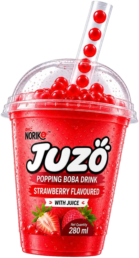 JUZO Strawberry popping boba drink, 280 ml cup