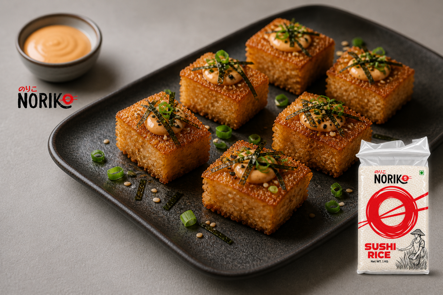 Crispy sushi rice bites with spicy mayonnaise and nori