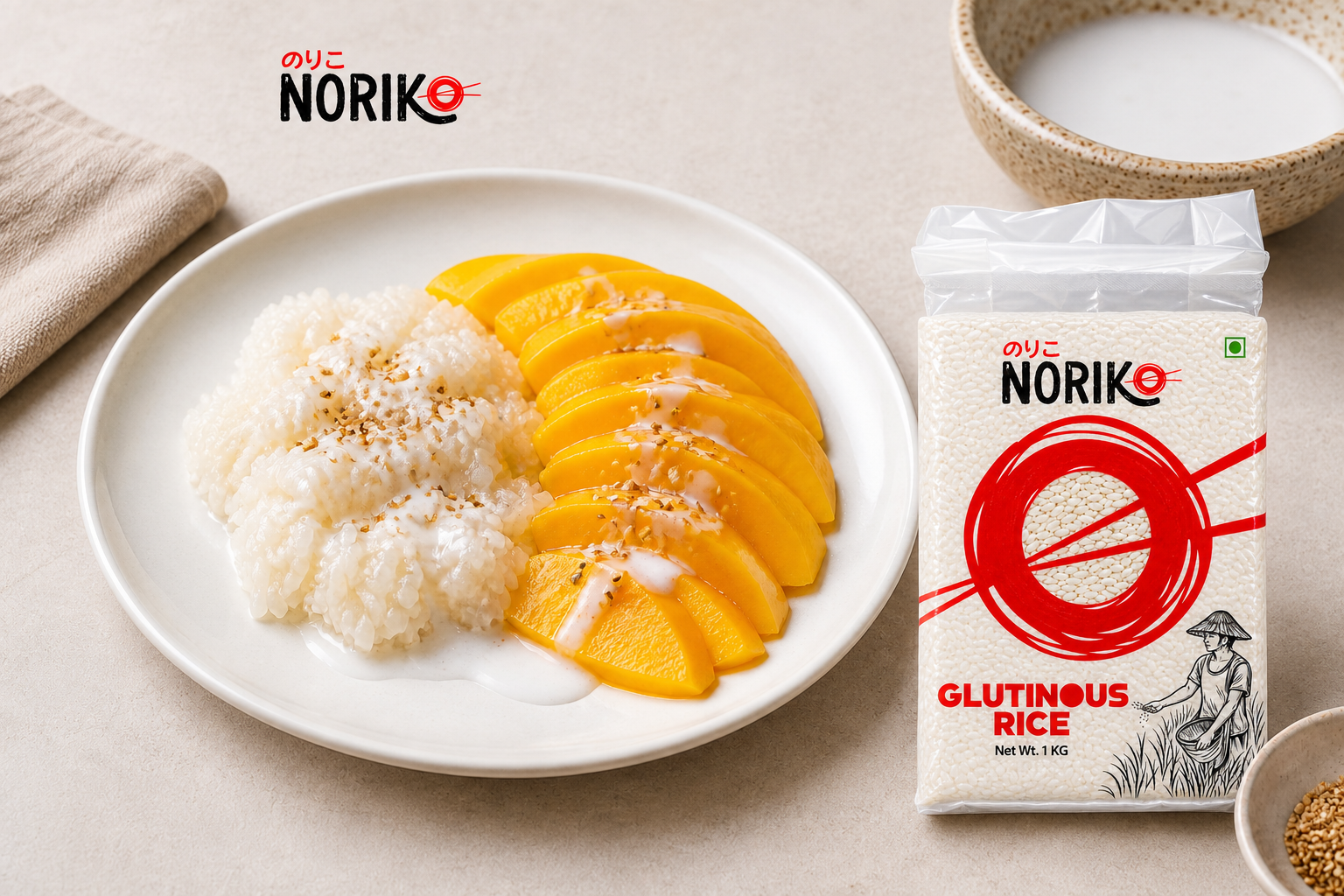 Mango sticky rice served with a NORIKO glutinous rice pack